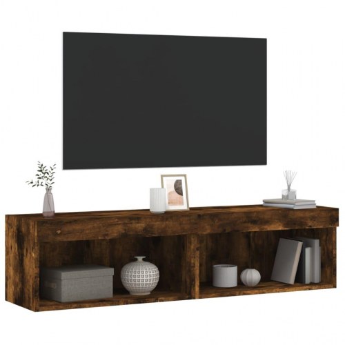 Tv-borde med LED-lys - 2 stk., væghængte 60×30×30 cm, røget egetræsfarve