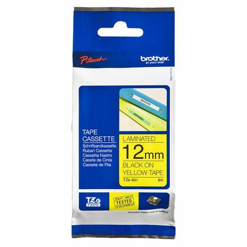 Brother lamineret labeltape TZe-631 - 12 mm, sort på gul