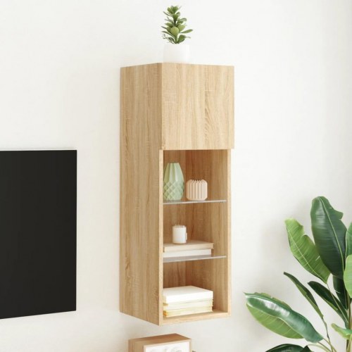 Væghængt tv-bord med LED-lys - 30,5×30×90 cm, sonoma-eg