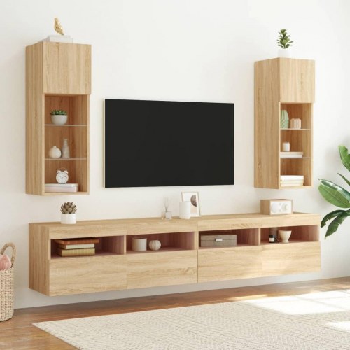 Væghængt tv-bord med LED-lys - 30,5×30×90 cm, sonoma-eg