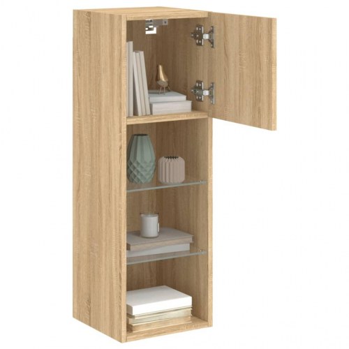 Væghængt tv-bord med LED-lys - 30,5×30×90 cm, sonoma-eg