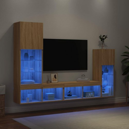Væghængt tv-møbel i 4 dele med RGB LED - konstrueret træ, sonoma-eg