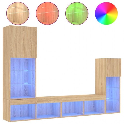 Væghængt tv-møbel i 4 dele med RGB LED - konstrueret træ, sonoma-eg