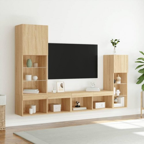 Væghængt tv-møbel i 4 dele med RGB LED - konstrueret træ, sonoma-eg