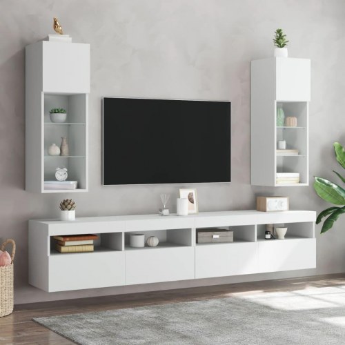 Væghængt tv-bord med LED-lys 30,5×30×90 cm - hvid