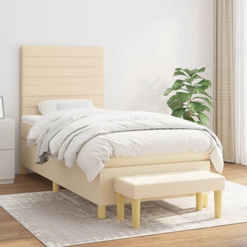Kontinentalseng 90x200 cm med madras og topmadras - stof, cremefarvet