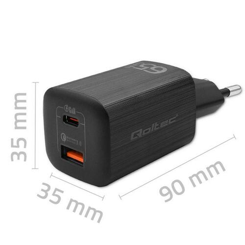 Qoltec vægoplader 65 W med USB‑C og USB, sort (50766)