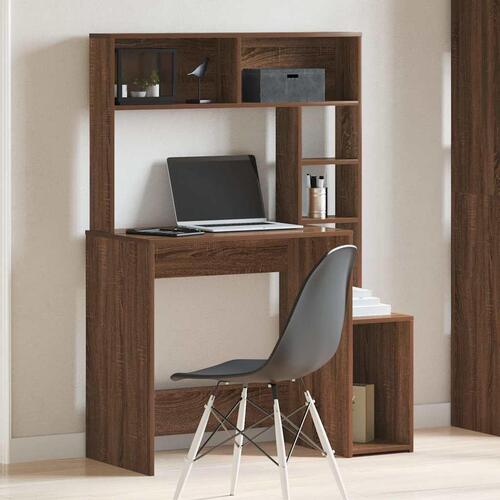 Skrivebord m. hylder 100x45x140 cm konstrueret træ brun egetræ