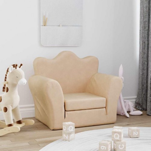 Sofaseng til børn i blødt plys - cremefarvet 2-i-1 lænestol/sovesofa