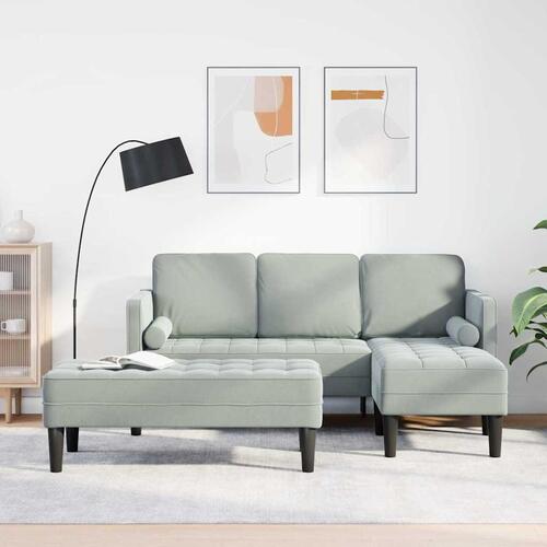 Havemøbel med Bænk og Hynder L-formet Lysegrå Fløjl, 3-personers Sofa med Chaiselong L-formet Lysegrå 160 cm Fløjl, Bænk Lysegrå 113 cm Fløjl