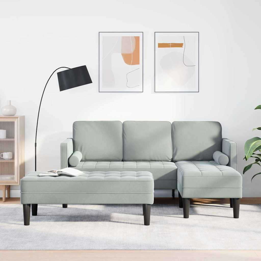 Havemøbel med Bænk og Hynder L-formet Lysegrå Fløjl, 3-personers Sofa med Chaiselong L-formet Lysegrå 160 cm Fløjl, Bænk Lysegrå 113 cm Fløjl