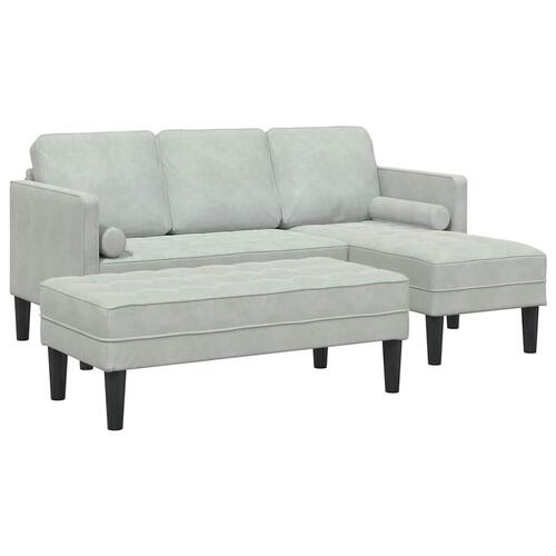 Havemøbel med Bænk og Hynder L-formet Lysegrå Fløjl, 3-personers Sofa med Chaiselong L-formet Lysegrå 160 cm Fløjl, Bænk Lysegrå 113 cm Fløjl