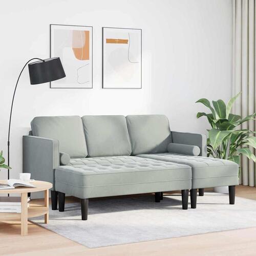 Havemøbel med Bænk og Hynder L-formet Lysegrå Fløjl, 3-personers Sofa med Chaiselong L-formet Lysegrå 160 cm Fløjl, Bænk Lysegrå 113 cm Fløjl