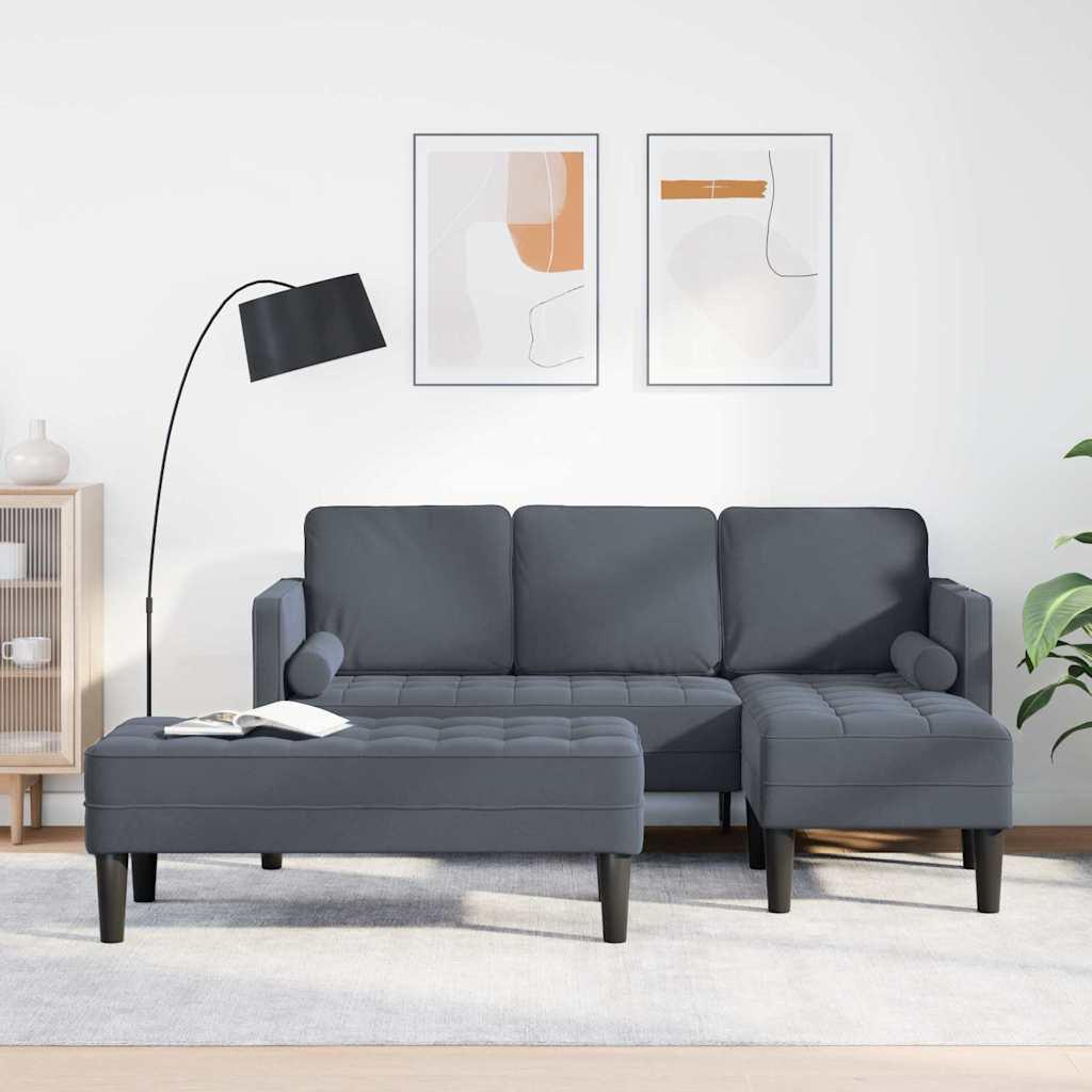 Have sofa med bænk og puder L-formet mørkegrå velour,  3-personers sofa med chaiselong L-formet mørkegrå 160 cm velour,  Bænk mørkegrå 113 cm velour
