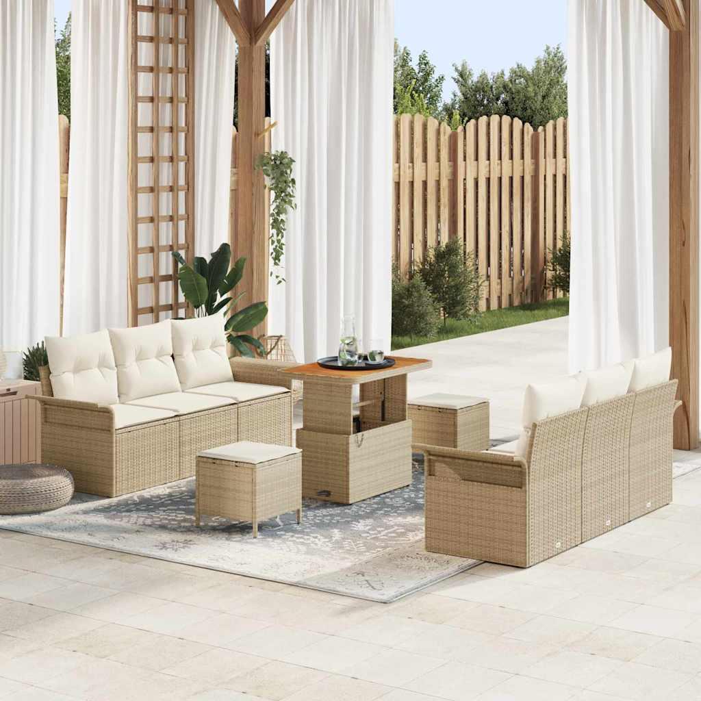 9 Stykke Have Sofa Sæt med Hynder Beige Poly Rattan Akacietræ,  2-Sæders Have Sofa med Hynder Beige Poly Rattan,  3 Stykke Have Spise Sæt med Hynder Beige Poly Rattan Akacietræ