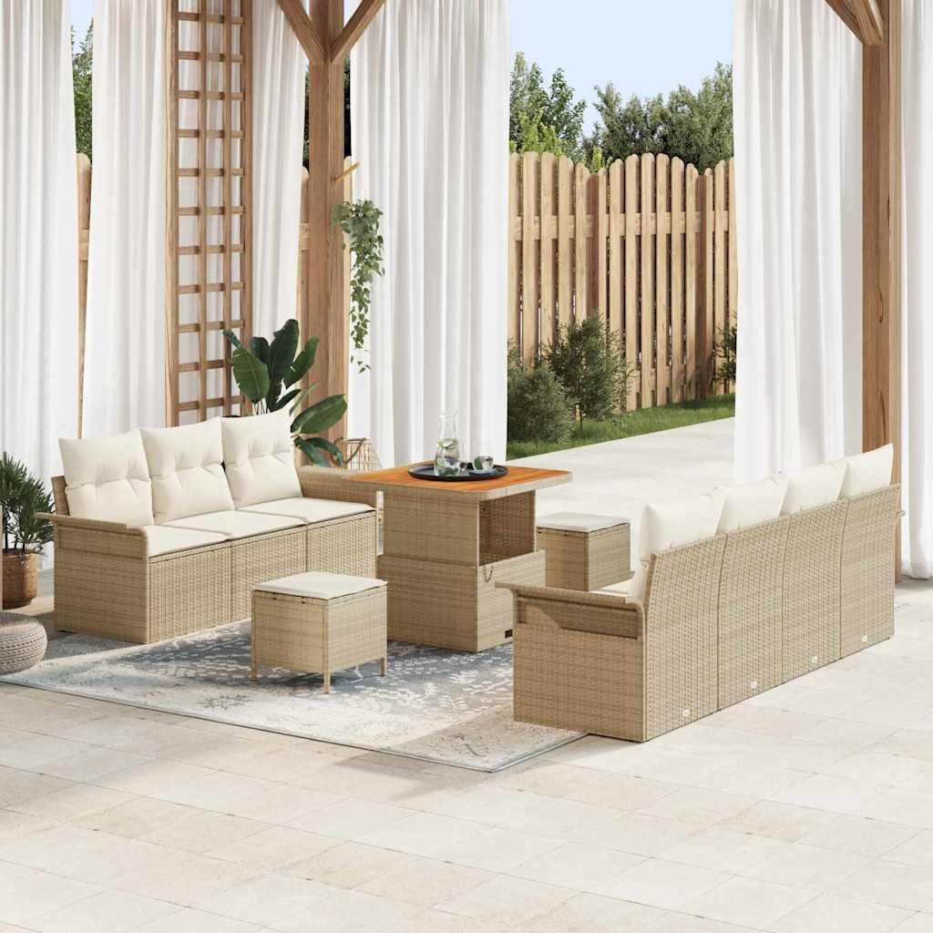 10 Stk Havesofa Sæt med Puder Beige Poly Rattan Akacia,  2-personers Havesofa med Puder Beige Poly Rattan,  3 Stk Havedining Sæt med Puder Beige Poly Rattan Akacia