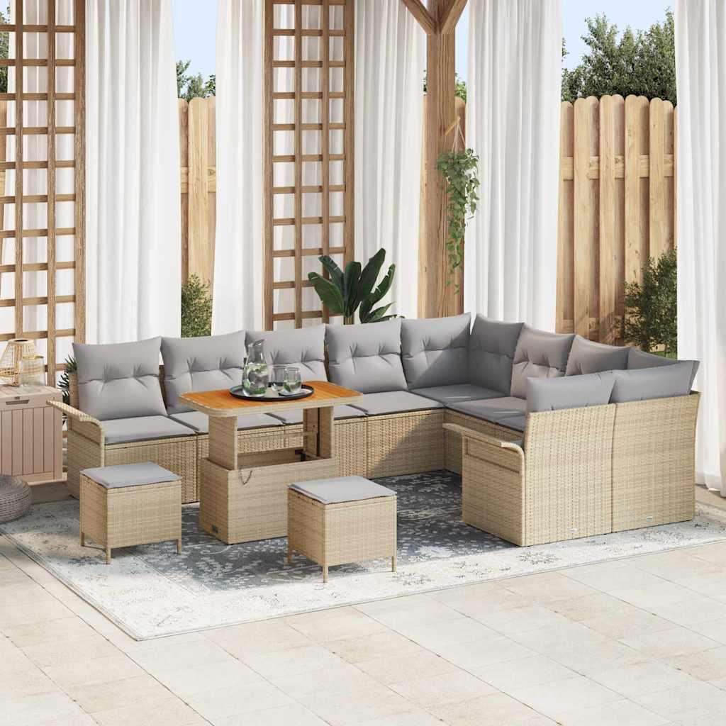 12 Stk Have Sofa Sæt med Puder Beige Poly Rattan Akacia,  3 Stk Have Spisestue Sæt med Puder Beige Poly Rattan Akacia,  2-Personers Have Sofa med Puder Beige Poly Rattan