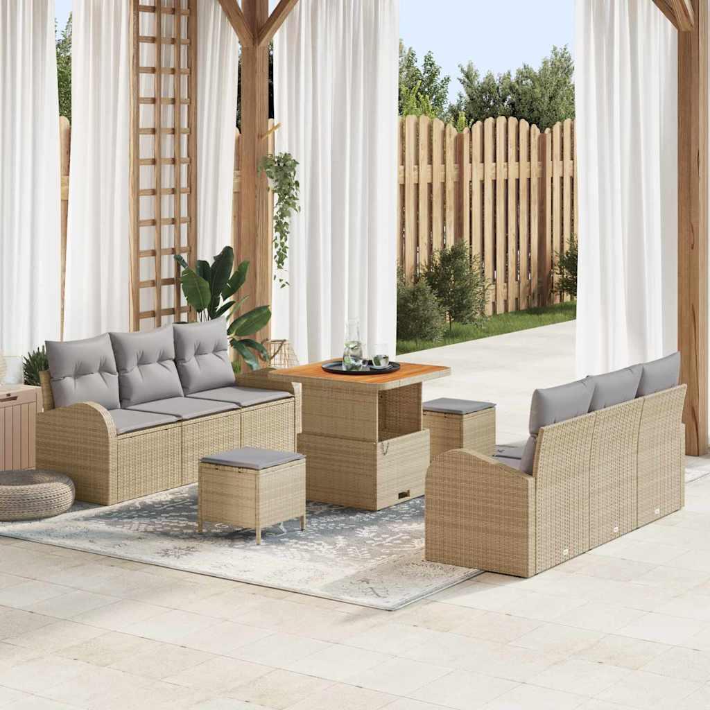 9 Deles Have Sofa Sæt med Hynder Beige Poly Rattan Akacietræ,  2-Sæders Have Sofa med Hynder Beige Poly Rattan,  3 Deles Have Dining Sæt med Hynder Beige Poly Rattan Akacietræ