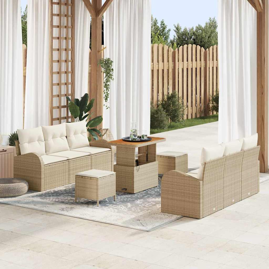 9 Delt Have Sofa Sæt med Puder Beige Poly Rattan Akacie,  2-Sæders Have Sofa med Puder Beige Poly Rattan,  3 Delt Have Dining Sæt med Puder Beige Poly Rattan Akacie