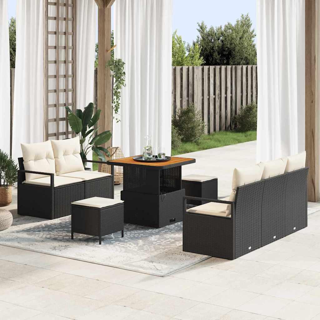 8 Piece Have Sofa Sæt med Puder Sort Poly Rattan Akacia,  2-Sæders Have Sofa med Puder Sort Poly Rattan,  3 Piece Have Spise Sæt med Puder Sort Poly Rattan Akacia