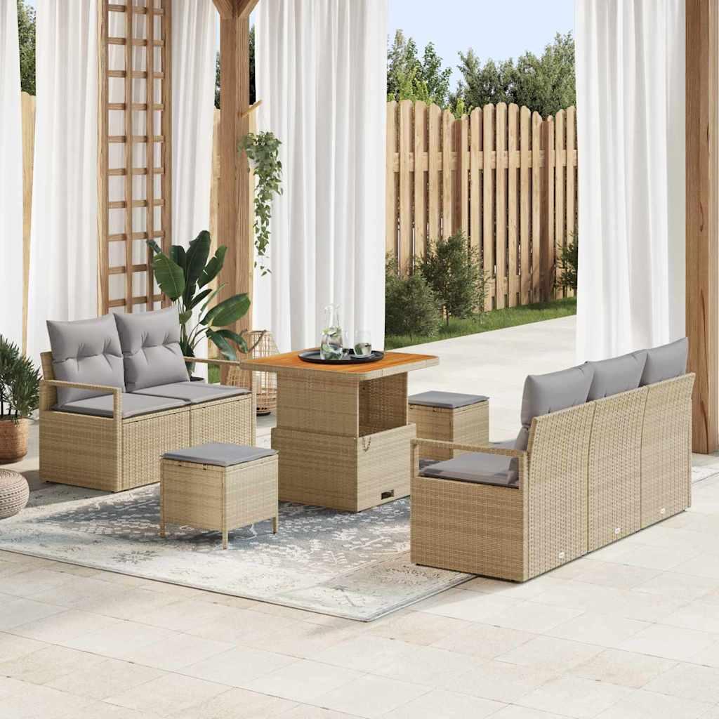 8 Stykker Have Sofa Sæt med Puder Beige Poly Rattan Akacia,  2-Sæders Have Sofa med Puder Beige Poly Rattan,  3 Stykker Have Spise Sæt med Puder Beige Poly Rattan Akacia