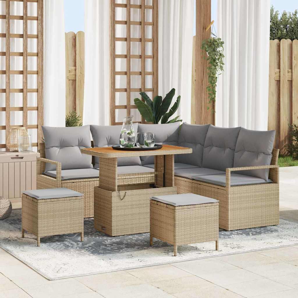 8 Stykker Have Sofa Sæt med Hynder Beige Poly Rattan Akacia,  2-personers Have Sofa med Hynder Beige Poly Rattan,  3 Stykker Have Spise Sæt med Hynder Beige Poly Rattan Akacia