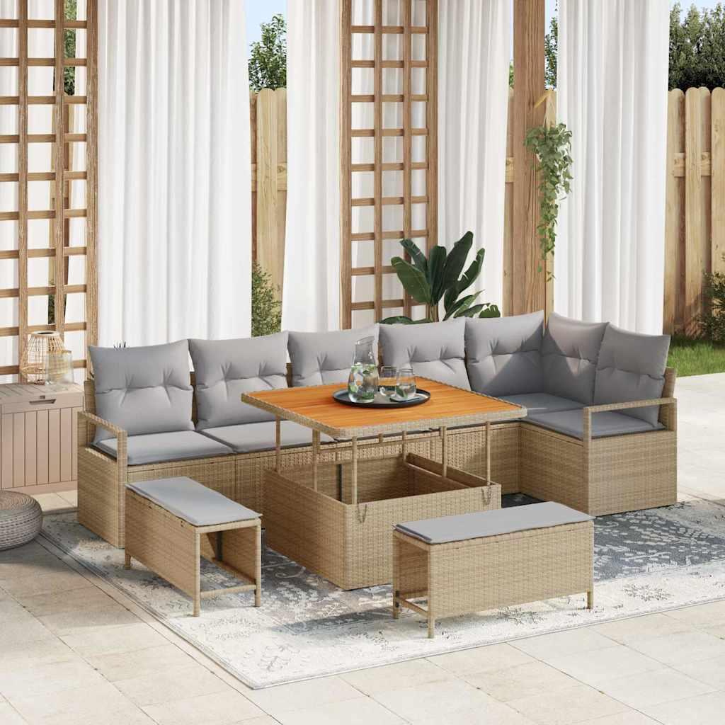 9 Stykker Have Sofa Sæt med Puder Beige Polyrattan Akacia,  2-personers Have Sofa med Puder Beige Polyrattan,  3 Stykker Have Spise Sæt med Puder Beige Polyrattan Akacia