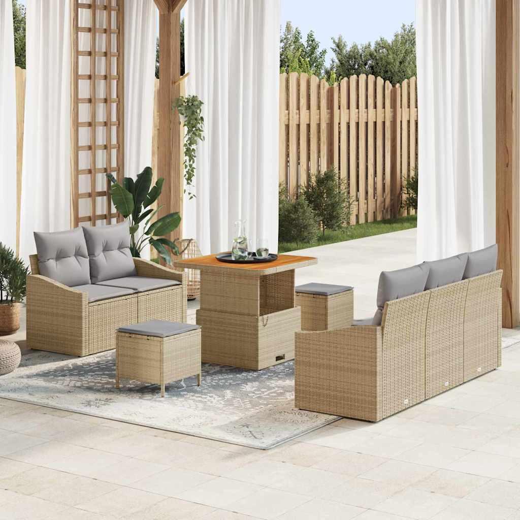 8 dele have sofa sæt med puder beige poly rattan akacia,  2-personers have sofa med puder beige poly rattan,  3 dele have spisestel med puder beige poly rattan akacia