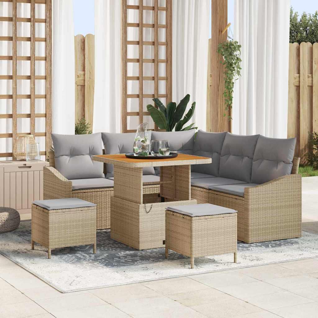 8 Stykker Have Sofa Sæt med Puder Beige Poly Rattan Akacia,  2-Sæders Have Sofa med Puder Beige Poly Rattan,  3 Stykker Have Spise Sæt med Puder Beige Poly Rattan Akacia