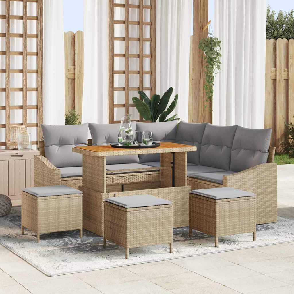 9 Stykke Have Sofa Sæt med Hynder Beige Poly Rattan Akacietræ,  2-Sæders Have Sofa med Hynder Beige Poly Rattan,  4 Stykke Have Spisestue Sæt med Hynder Beige Poly Rattan Akacietræ