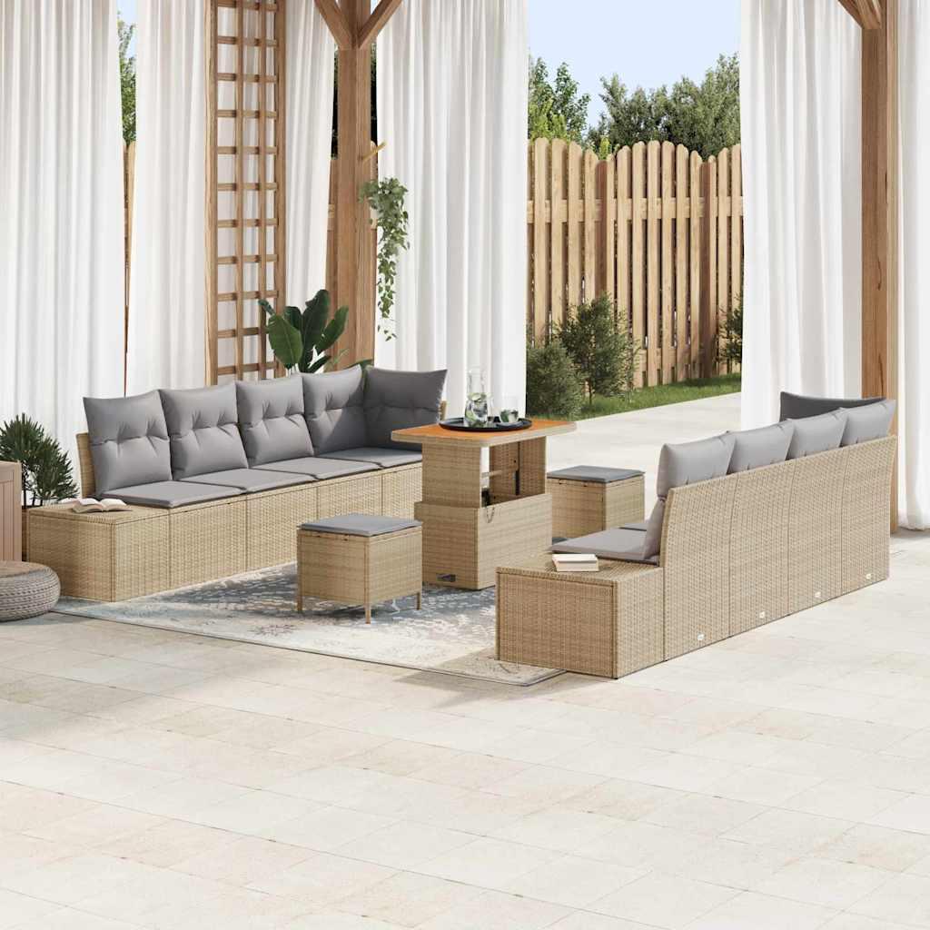 11-delt have sofa sæt med puder Beige Poly Rattan Akacia,  2-sæders have sofa med puder Beige Poly Rattan,  3 delt have spise sæt med puder Beige Poly Rattan Akacia