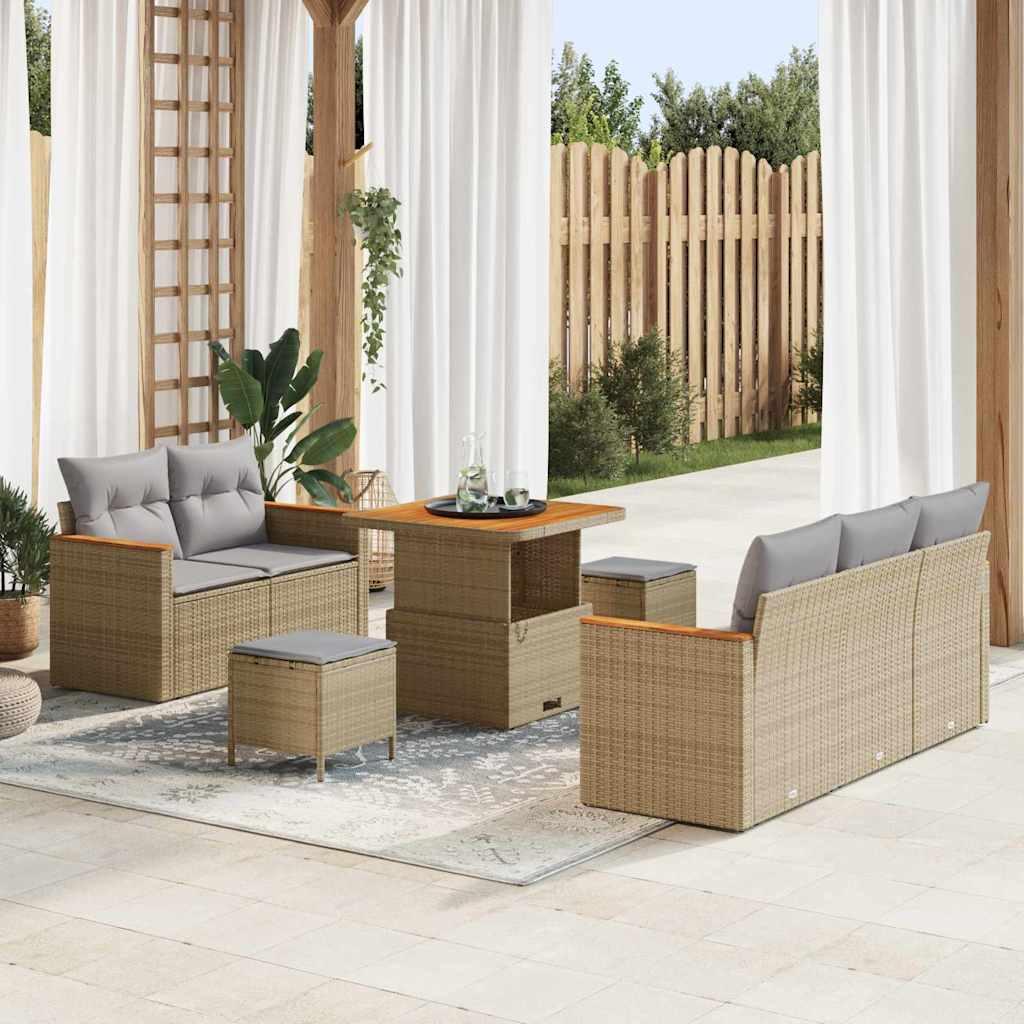 8 Stykker Have Sofa Sæt med Puder i Beige Poly Rattan og Akacie,  3 Stykker Have Spise Sæt med Puder i Beige Poly Rattan og Akacie