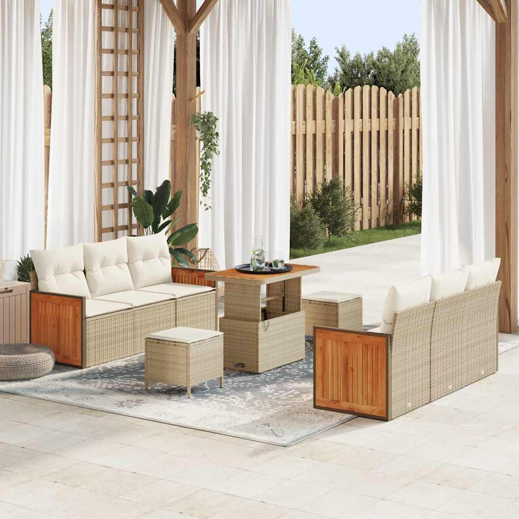 9 Delt Havesofa Sæt med Hynder Beige Poly Rattan Akacia,  2-Sæders Havesofa med Hynder Beige Poly Rattan,  3 Delt Havespisesæt med Hynder Beige Poly Rattan Akacia