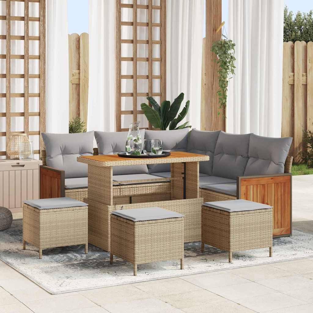 9 Stk Have Sofa Sæt med Puder Beige Poly Rattan Akacie,  2-Personers Have Sofa med Puder Beige Poly Rattan,  4 Stk Have Spise Sæt med Puder Beige Poly Rattan Akacie