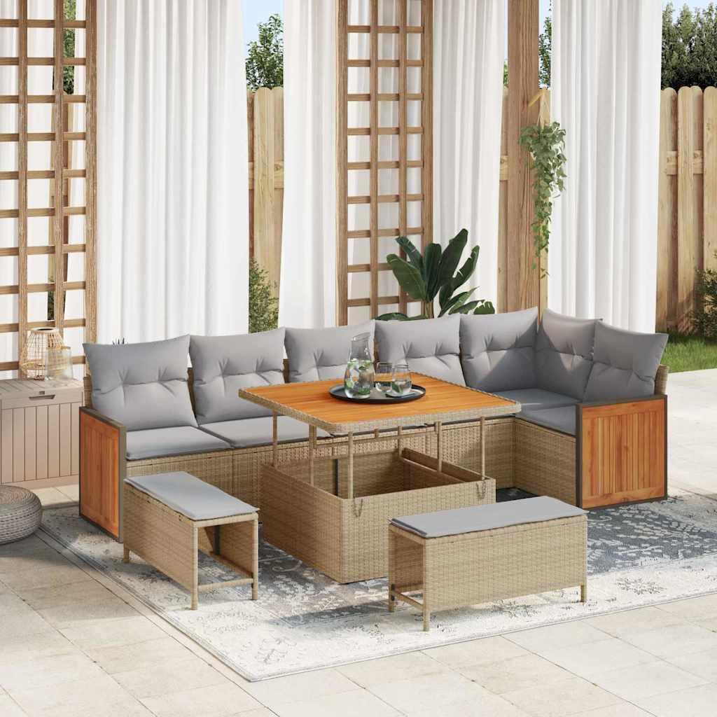 9 Stykke Have Sofa Sæt med Hynder Beige Poly Rattan Akacietræ,  2-personers Have Sofa med Hynder Beige Poly Rattan,  3 Stykke Have Spisesæt med Hynder Beige Poly Rattan Akacietræ