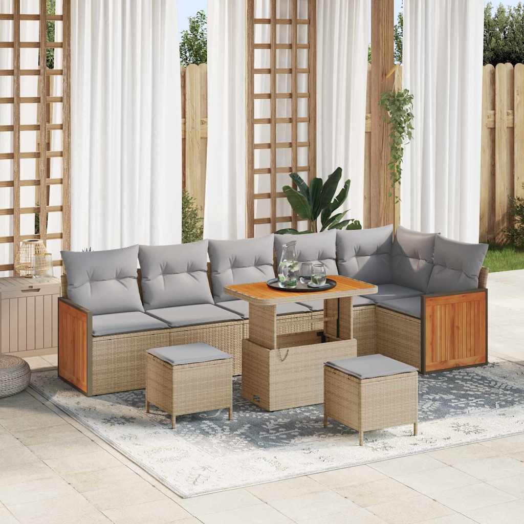 9 Stk Have Sofa Sæt med Puder Beige Poly Rattan Akacia,  2-personers Have Sofa med Puder Beige Poly Rattan,  3 Stk Have Spisesæt med Puder Beige Poly Rattan Akacia