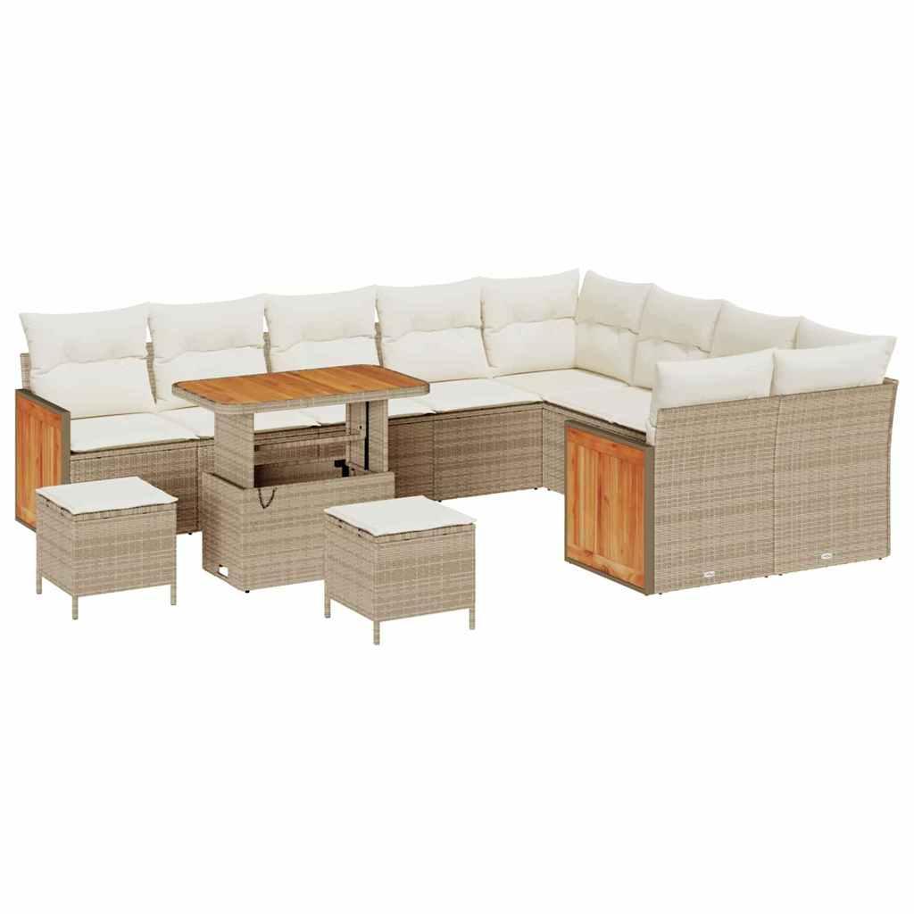 12 Delers Have Sofa Sæt med Puder Beige Poly Rattan Akacia,  3 Delers Have Spisesæt med Puder Beige Poly Rattan Akacia,  2-personers Have Sofa med Puder Beige Poly Rattan
