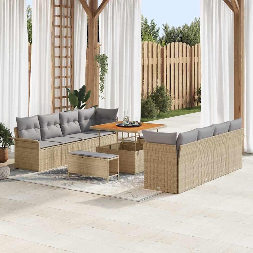 11 Stykke Have Sofa Set med Puder Beige Poly Rattan Akacie,  2-personers Have Sofa med Opbevaring & Puder Beige Poly Rattan,  3 Stykke Have Spisesæt med Puder Beige Poly Rattan Akacie