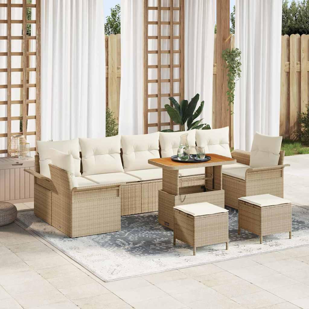 10 Stykker Havensofa Sæt med Puder Beige Poly Rattan Akacie,  2-personers Havensofa med Opbevaring & Puder Beige Poly Rattan,  3 Stykker Havenspisesæt med Puder Beige Poly Rattan Akacie
