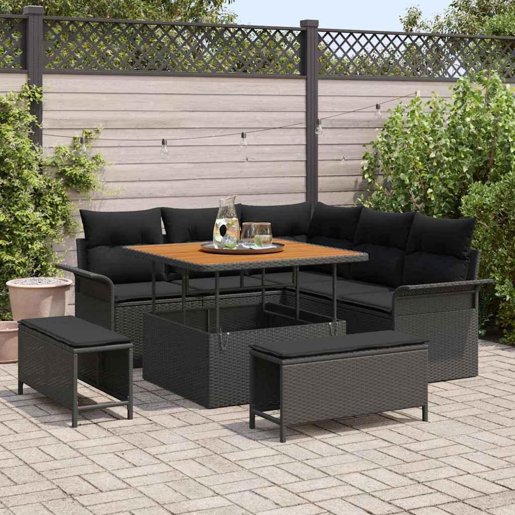 Havesofa Sæt 8 stk Sort Polyrattan, stål og massivt akacietræ billede