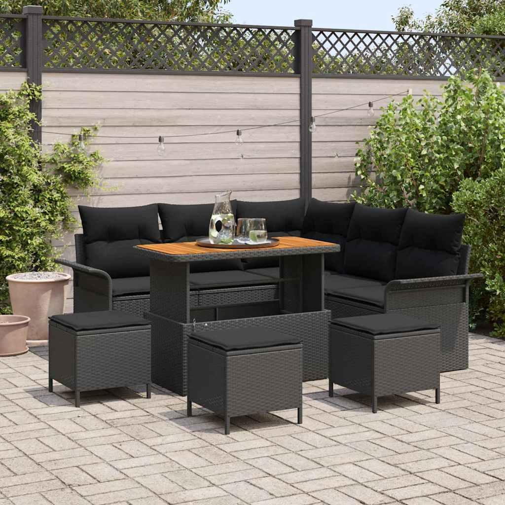 Havesofa sæt 9 dele - sort polyrattan, stål og massivt akacietræ billede