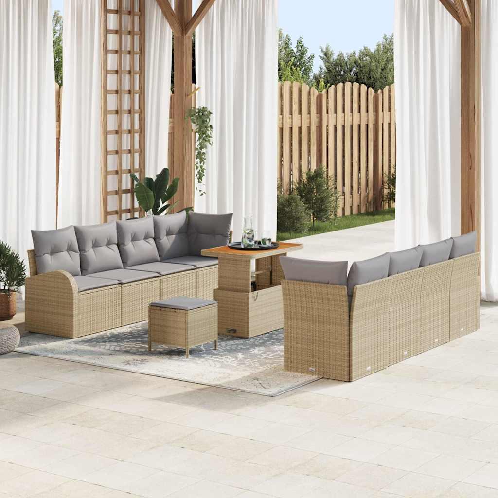 11 Stk Have Sofa Sæt med Puder Beige Poly Rattan Akacie,  2-Sæders Have Sofa med Opbevaring & Puder Beige Poly Rattan,  3 Stk Have Spisesæt med Puder Beige Poly Rattan Akacie
