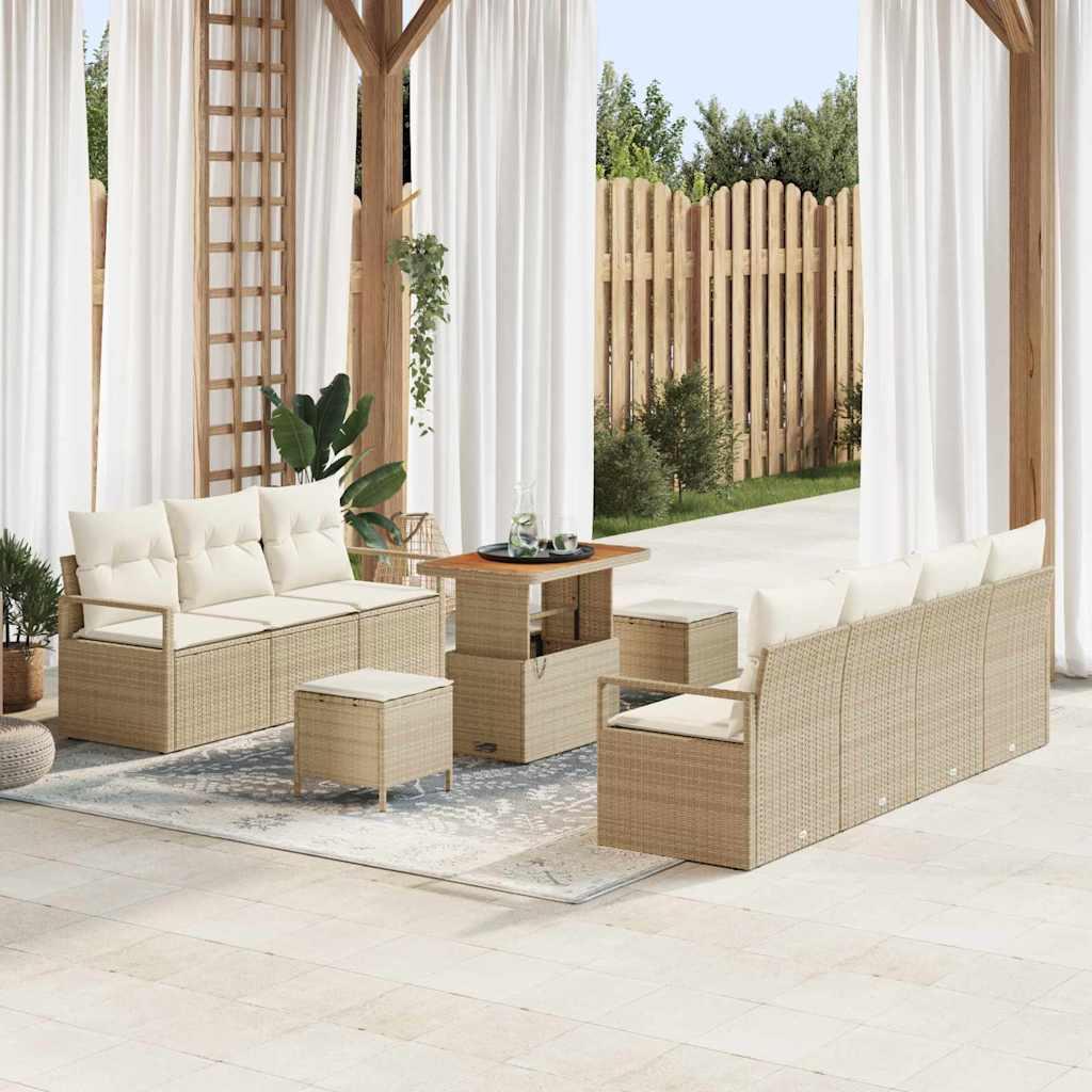 10 Delt Have Sofa Sæt med Hynder Beige Poly Rattan Akacie,  2-Sæders Have Sofa med Opbevaring & Hynder Beige Poly Rattan,  3 Delt Have Spise Sæt med Hynder Beige Poly Rattan Akacie