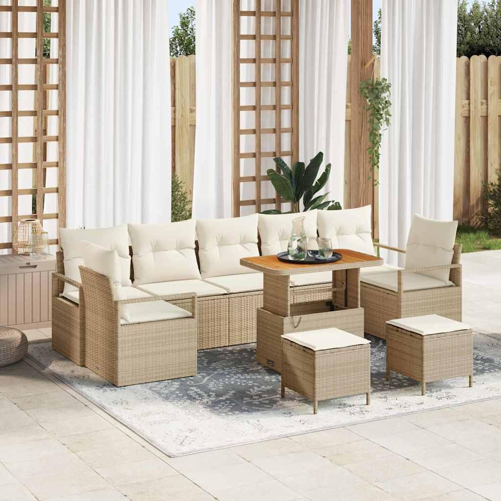 10 Stykker Have Sofa Sæt Med Puder Beige Poly Rattan Akacie,  2-Sæders Have Sofa Med Opbevaring & Puder Beige Poly Rattan,  3 Stykker Have Dining Sæt Med Puder Beige Poly Rattan Akacie
