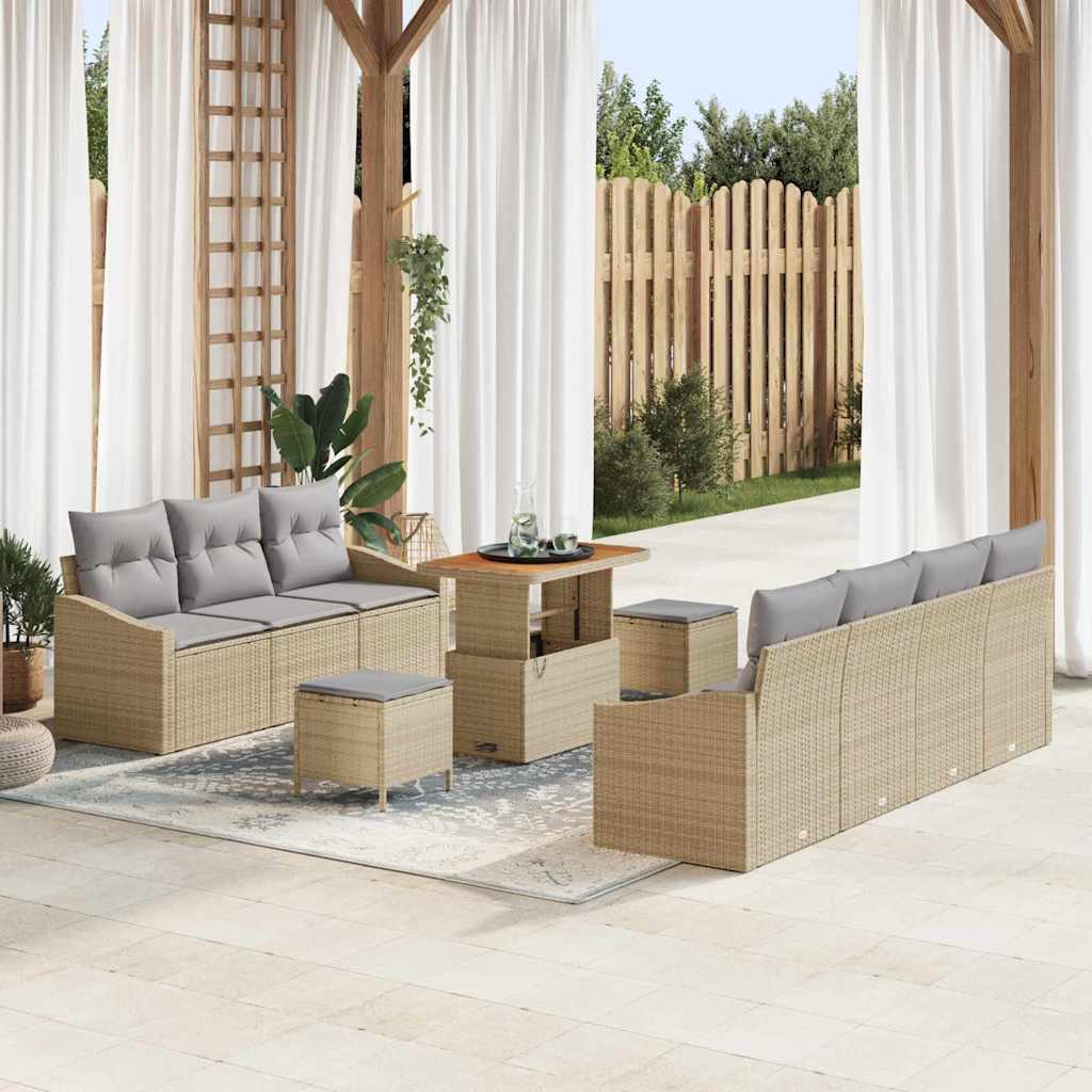 10 Stykker Havesofa Sæt med Puder Beige Poly Rattan Akacia,  2-Personers Havesofa med Opbevaring & Puder Beige Poly Rattan,  3 Stykker Havespisesæt med Puder Beige Poly Rattan Akacia