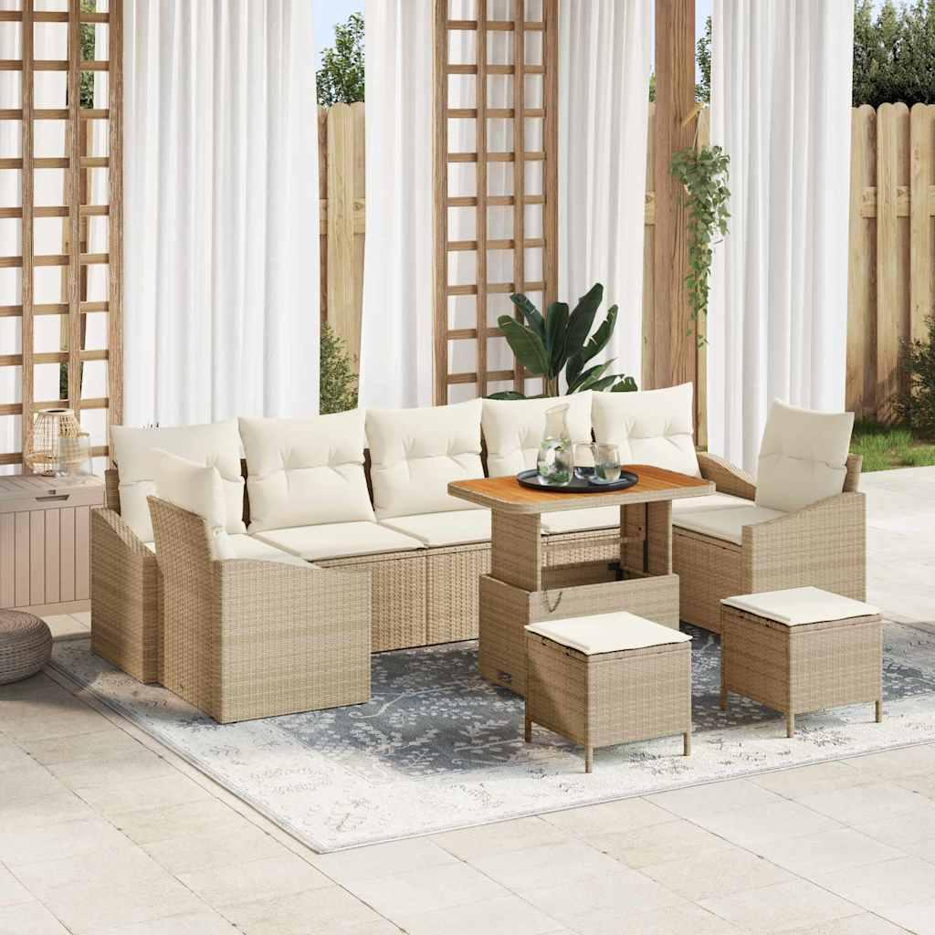 10 Stykker Have Sofa Set med Puder Beige Poly Rattan Akacietræ,  2-personers Have Sofa med Opbevaring & Puder Beige Poly Rattan,  3 Stykker Have Spise Set med Puder Beige Poly Rattan Akacietræ