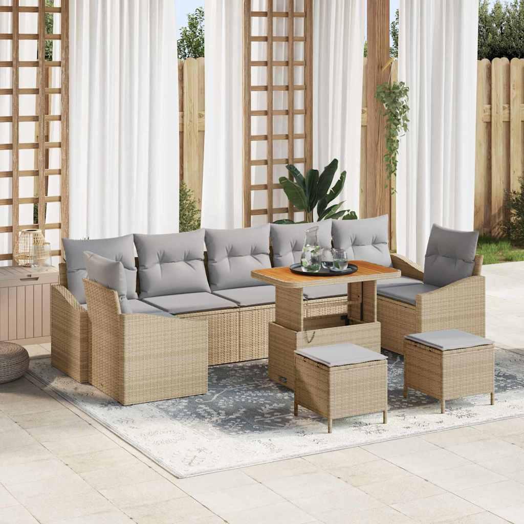 10 Deles Have Sofa Sæt Med Hynder Beige Poly Rattan Akacia,  2-Personers Have Sofa Med Opbevaring & Hynder Beige Poly Rattan,  3 Deles Have Spise Sæt Med Hynder Beige Poly Rattan Akacia