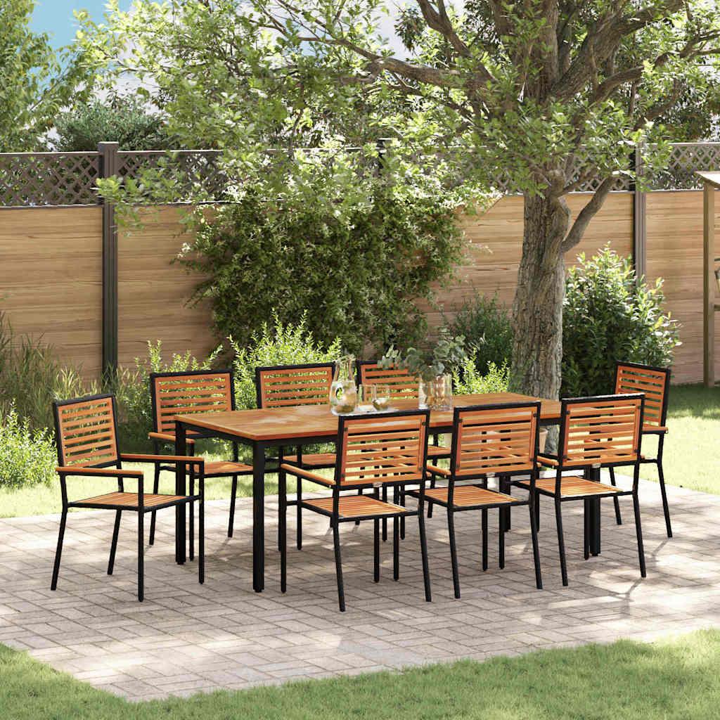 9 Personers Have Spisestel Sort Poly Rattan Acacia,  Stabelbare Have Stole med Puder 2 stk Sort Poly Rattan,  Have Bord 200x90x75 cm Solid Acacia Træ og Metal