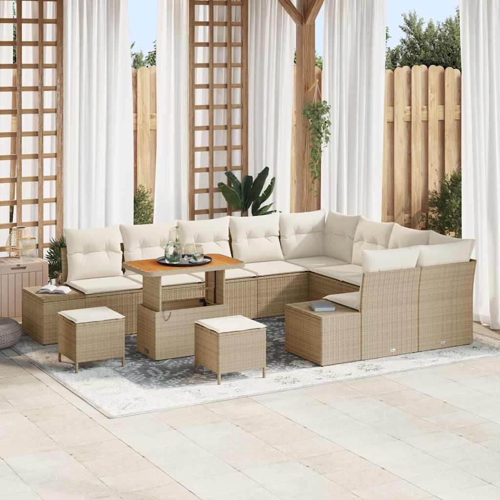 12 stykke have sofa sæt med puder beige poly rattan akacie,  3 stykke have spise sæt med puder beige poly rattan akacie,  2-personers have sofa med puder beige poly rattan