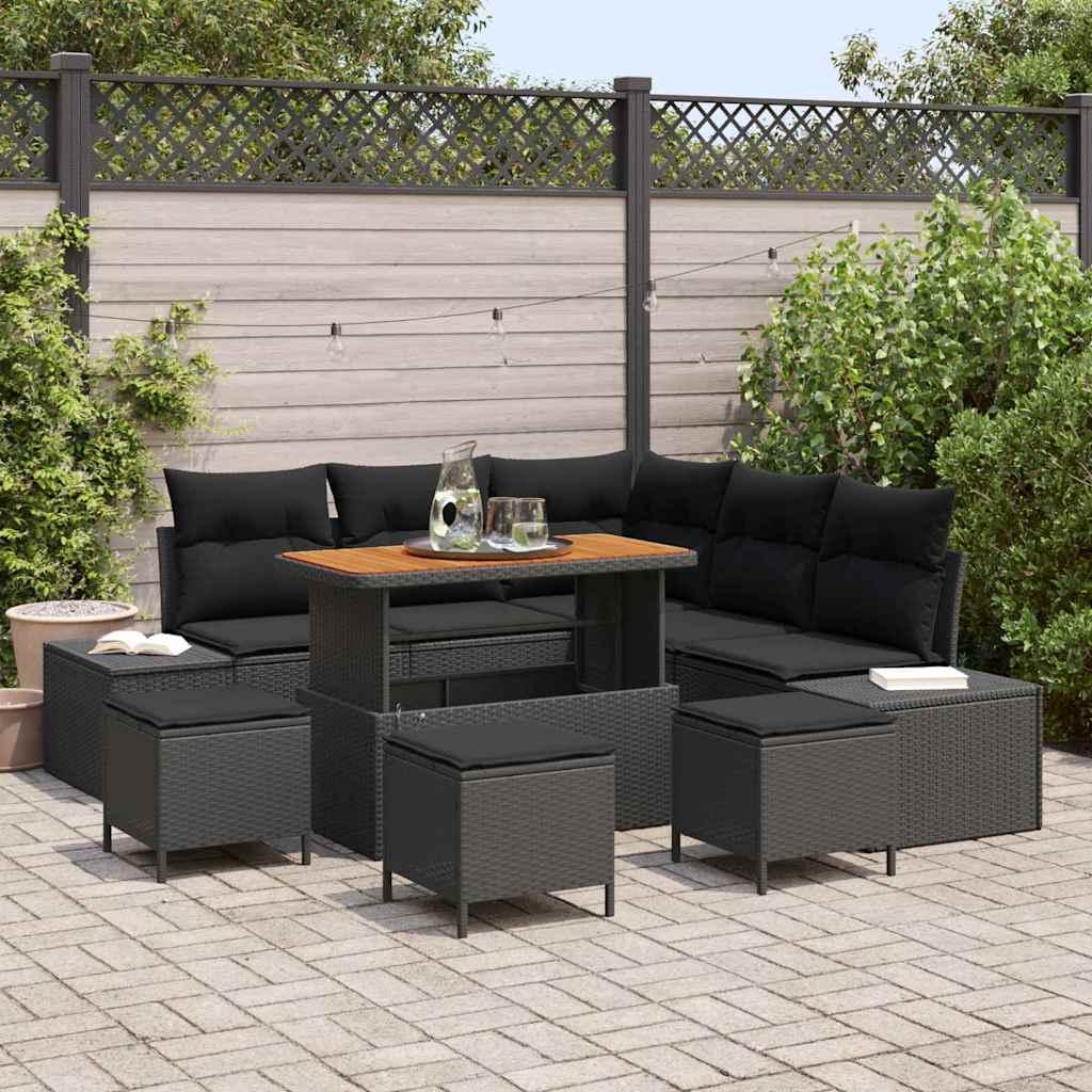 Havesofa sæt med opbevaring - 9 dele i sort polyrattan